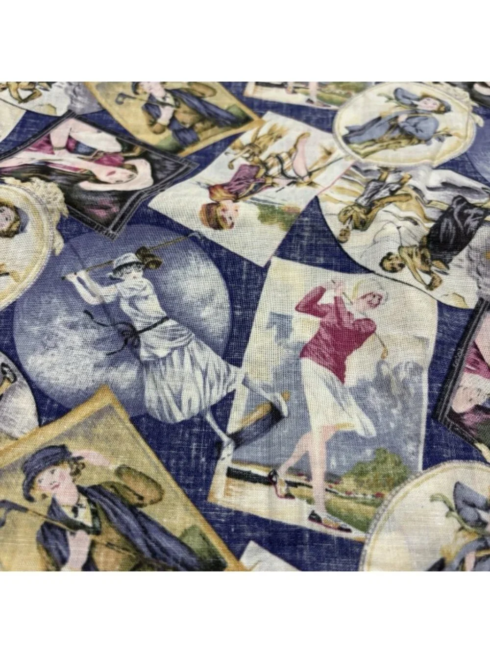 6 Yd X 44” Fabric Women Golf Flapper Vintage Blue Cotton Sewing Crafting Golfer